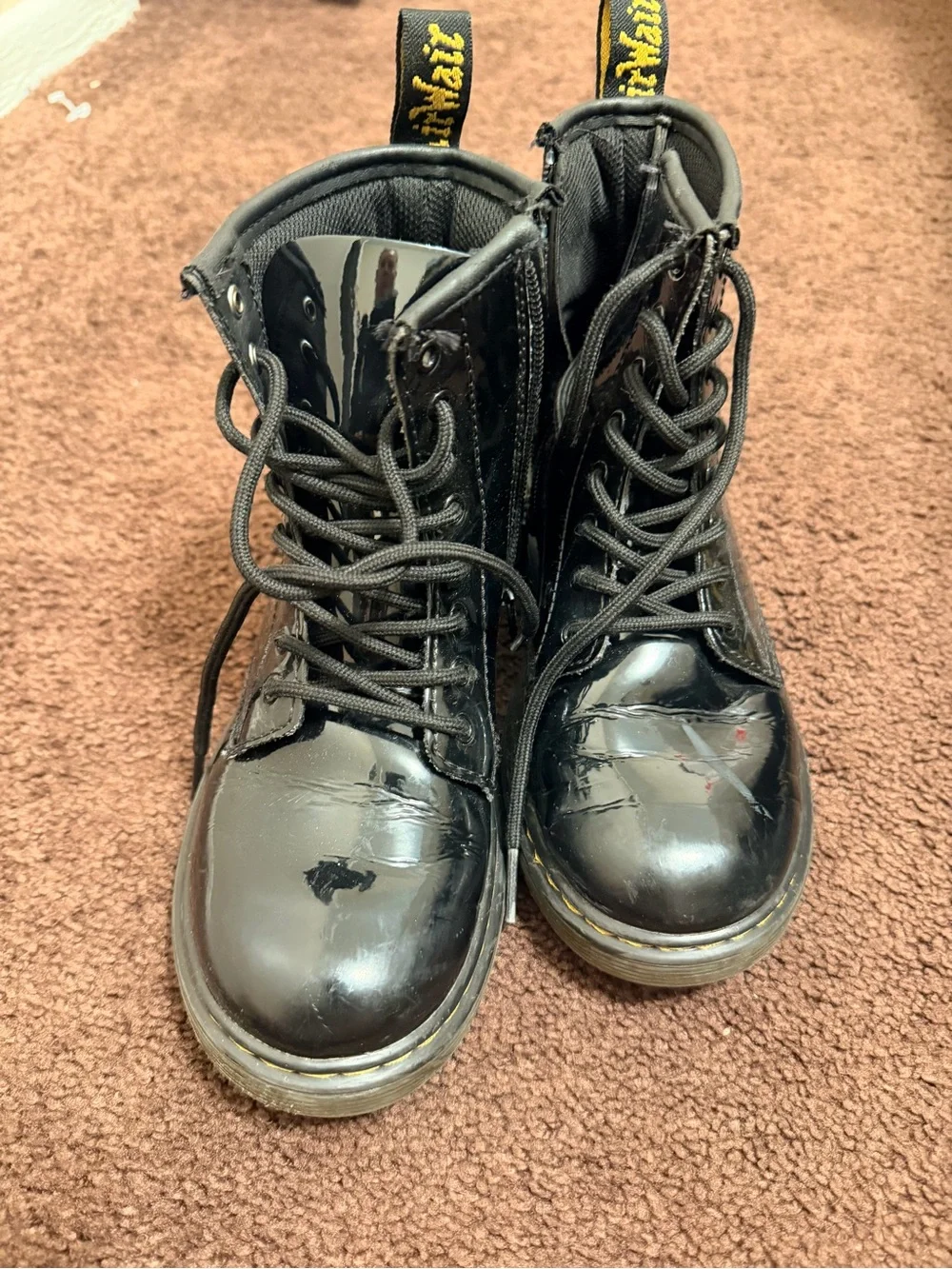Dr. Martens Kids Black Patent Ankle Boots with Yellow Pull Loop